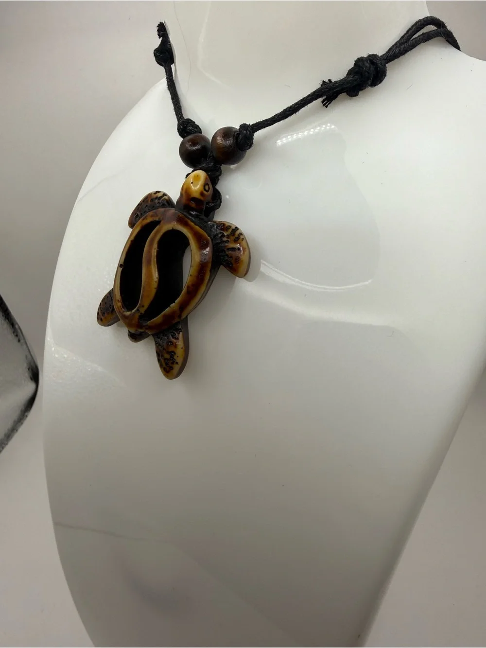 Sea Turtle Carved Tribal Pendant Adjustable Necklace with Leather Band Brown